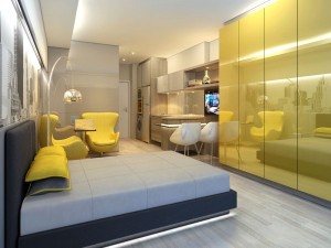 Unidade decorada do apartamento de 28 m2 é aposta da imobiliária para atrair clientes. Fonte: Imobiliária THÁ