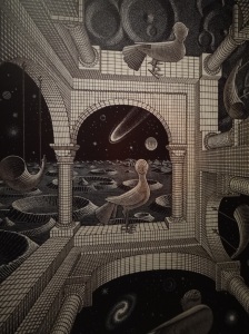 Gravura de Escher – efeitos visuais relacionados às dimensões espaciais Foto: Eleonora Mendonça 